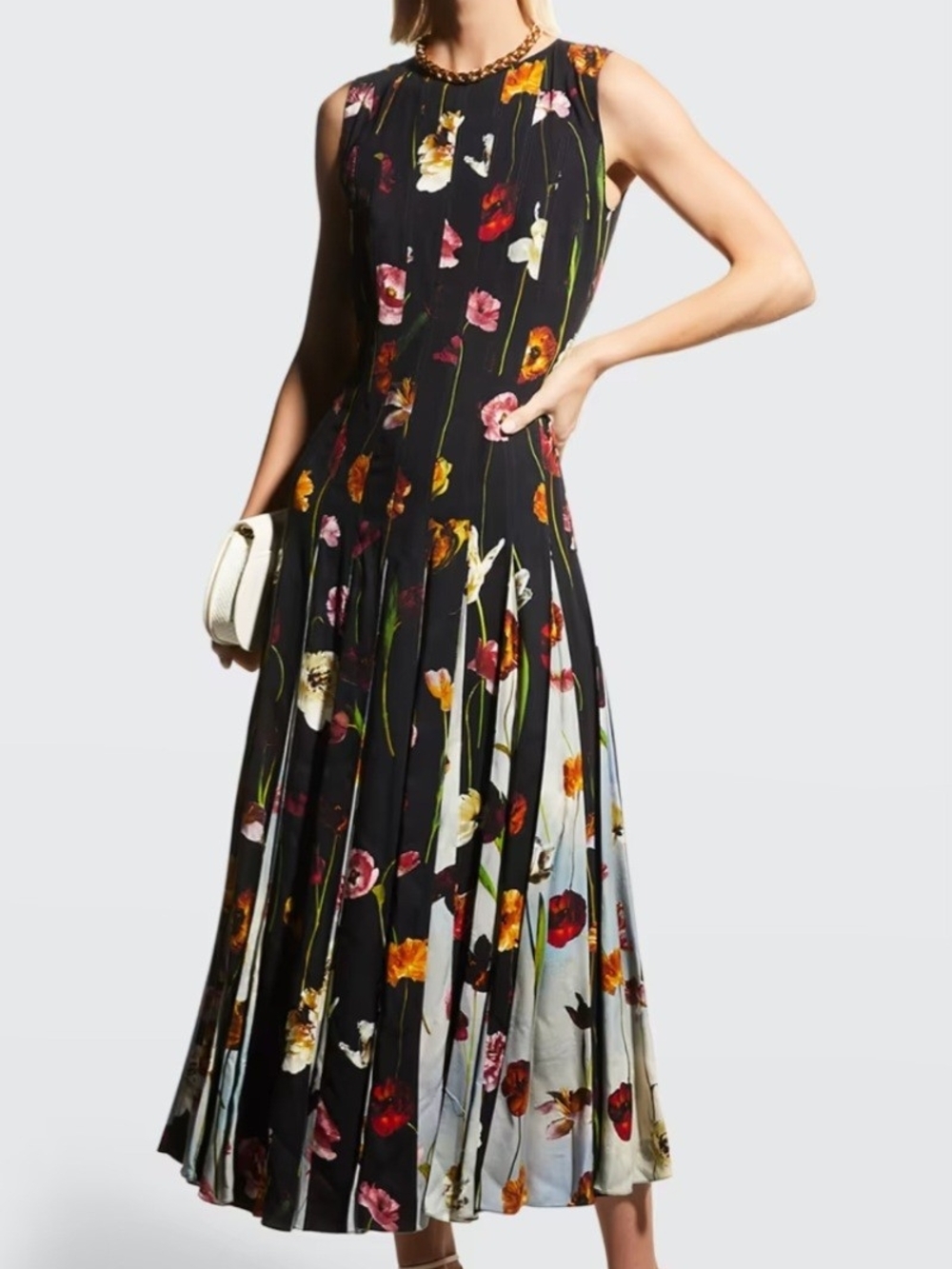 Oscar de la Renta Black Floral Pleated Midi Dress
